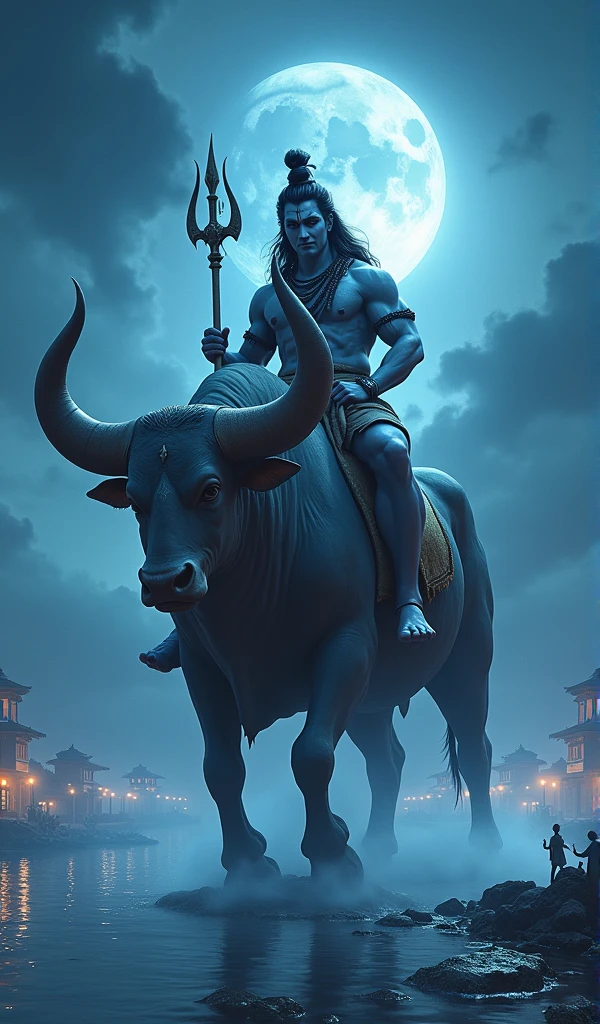 a powerful very very muscular lord shiva sitting on a giant muscular cow nandi, blue tinted night sky with cloudy moon, lord shiva holding trishul, nandi walking on water, tiny buildings, tiny human, fantasy landscape, (best quality,4k,8k,highres,masterpiece:1.2),ultra-detailed,(realistic,photorealistic,photo-realistic:1.37),dramatic lighting,cinematic composition,intricate details,vibrant colors,mystical atmosphere,