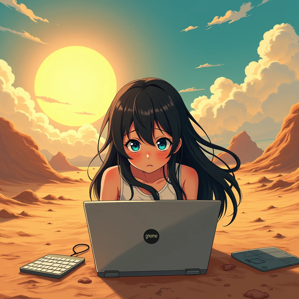 an anime girl with blue eyes and black hair, she is sweating, and she is trying to work on her PC, but it's too hot because of the climate change! The girl is somewhere on a deserted landscape! There is a super hot sun, and the laptop brand logo is the logo of GNOME desktop