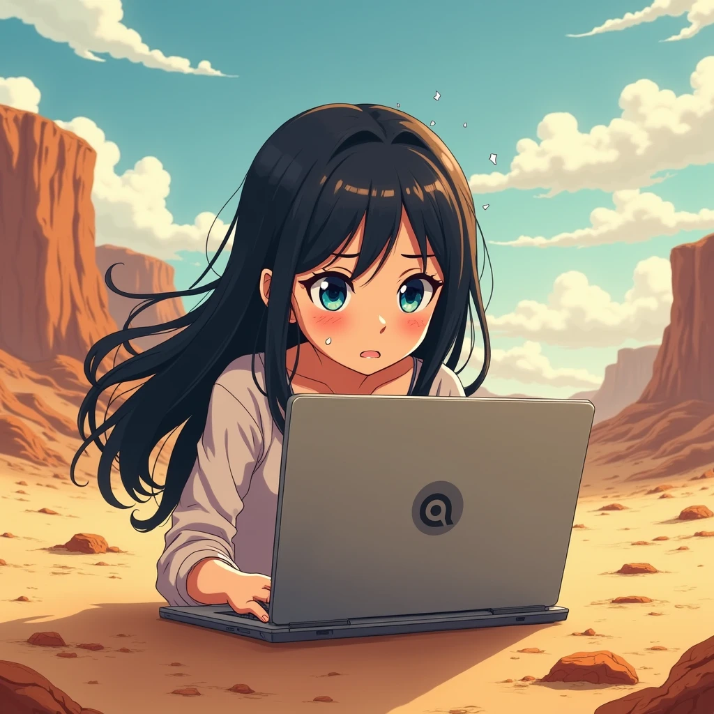 an anime girl with blue eyes and black hair, she is sweating, and she is trying to work on her PC, but it's too hot because of the climate change! The girl is somewhere on a deserted landscape! There is a super hot sun, and the laptop brand logo is the logo of GNOME desktop