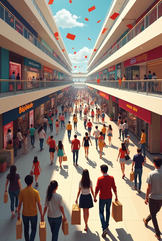 Mega sale in big Bajar company and 50 couples are shopping in big Bajar company named mall view from the top side