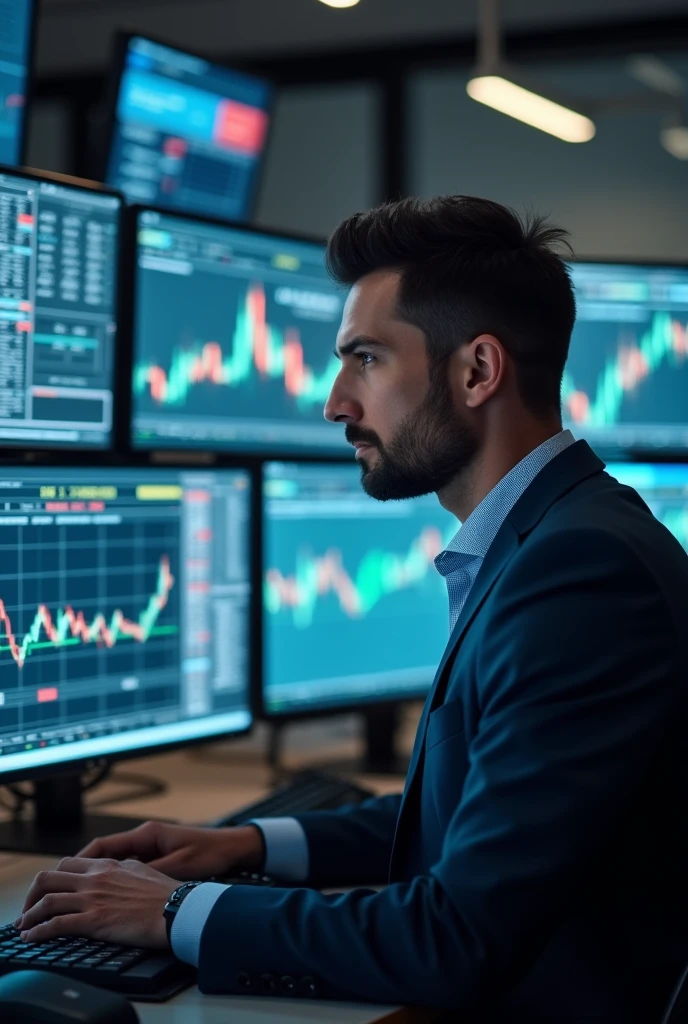 Create an image of professional trader trading at news time landscape photo for youtube