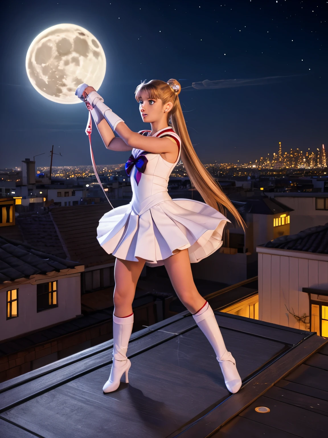 Sailor Moon (moon princess magical girl form) doing katas on a rooftop, preparing for a battle with a creature of darkness, moonlit night