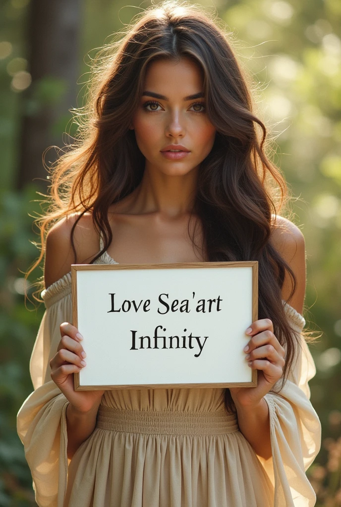 Beautiful girl with wavy long hair, bohemian dress, holding a white board with text "I Love Seaart Infinity" and showing it to the viewer