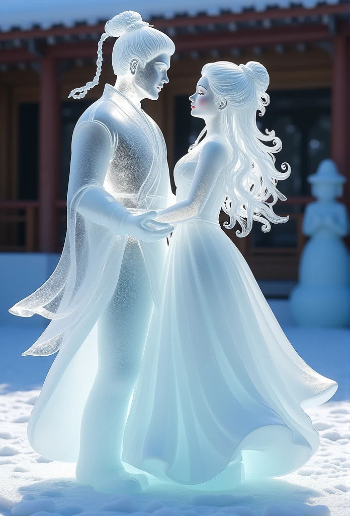 (ice - carving:1.4),Movie Angle,(Fan Bingbing, ice sculpture girl and boy couple,romantic couple, Anatomically correct,full bodyesbian,Masterpiece ice sculpture camellia,Representative work Hanfu,Smile,sexy,full body arts,traditional arts)