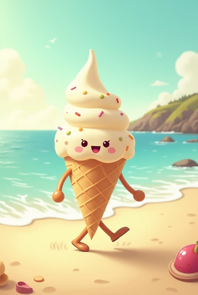 Generate a image of icecream cone or scoop walking on beach with hand and legs of stick figure  front view 
