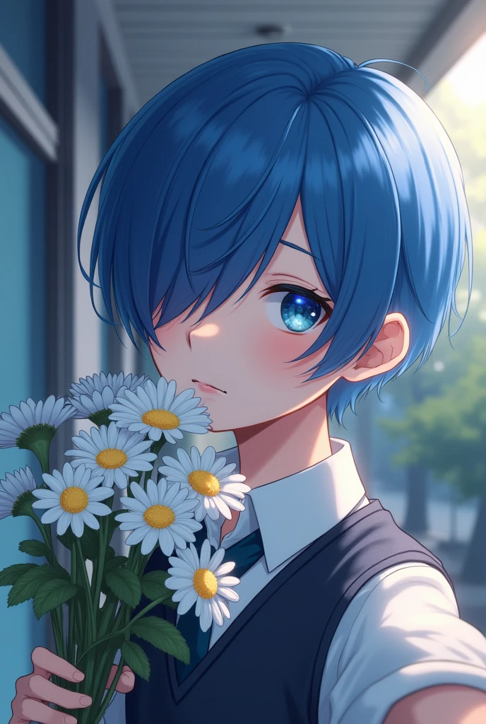 Blue short hair,Boys,Hair covering right eye,Holding flowers,gentle,Selfie,Get the blues,Half Body,High School Students