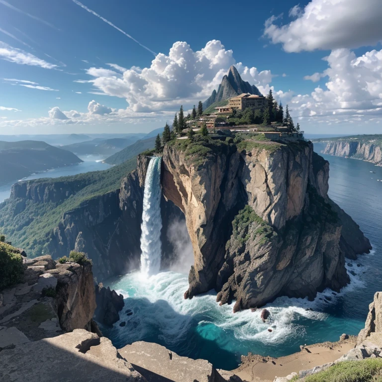 ({{a high resolution,}},masterpiece,ultra detailed,Best quality,8 K)cloud, sky, landscape, day, BLUE_sky, mountain, cloudy_sky, on open air, waterfall, Fantasy, horizon, cliff, stone, water, landscape, mountainous_horizon, ocean, tree, River, floating_Island