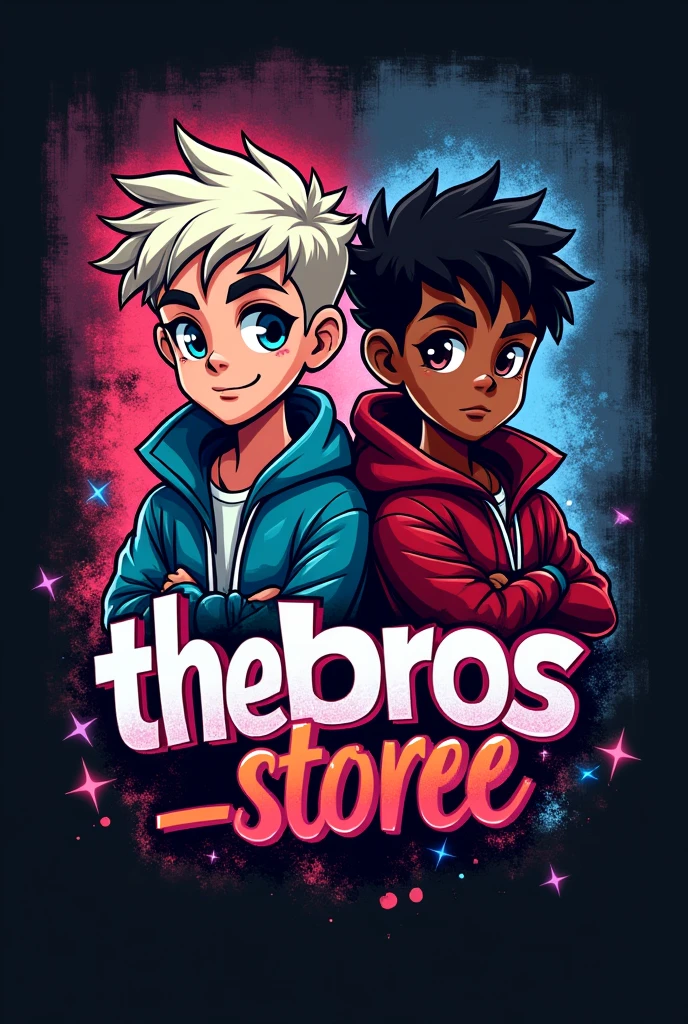Make a logo for a profile picture that has two boys, One white and one black, graffiti style, and in the middle it says “thebros”_storee” with futuristic letters