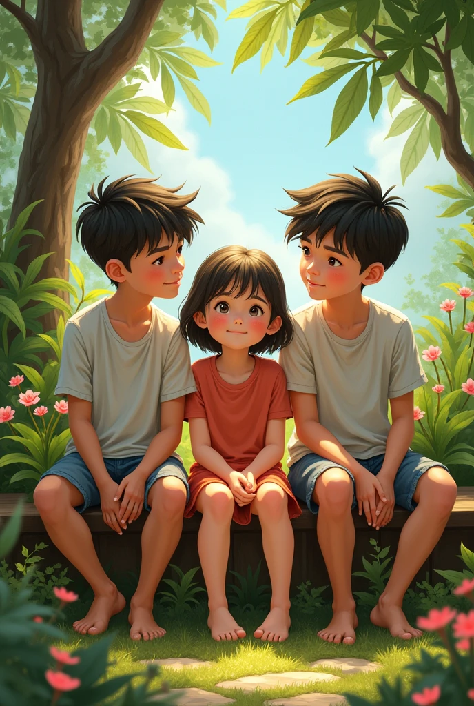 3boys one girl sitting bin garden