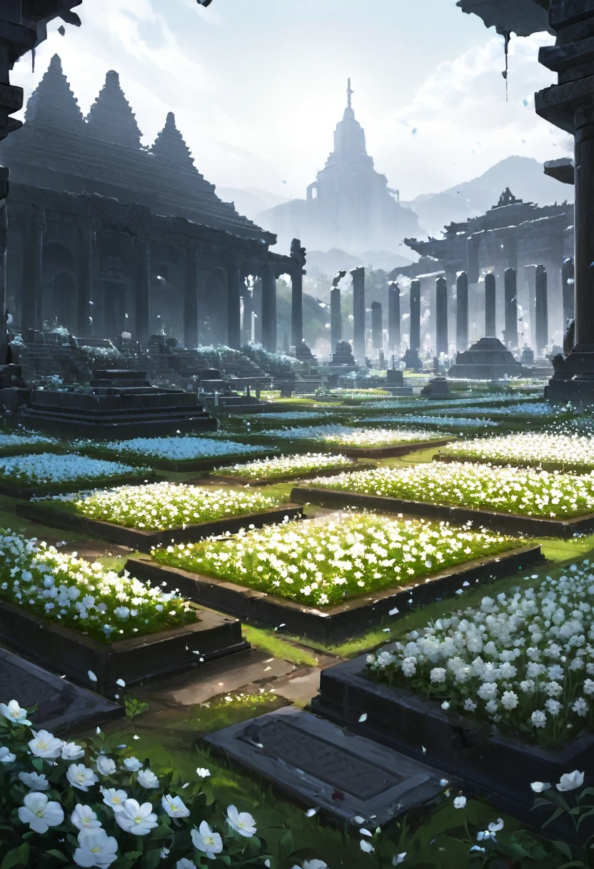 field of white flowers, flower cemetery, sacred temple garden, stunning landscape, (dreamy landscape), forlorn, bloodstains, fallen bodies, destroyed armor, karo, ruins, tombs, brutal violence