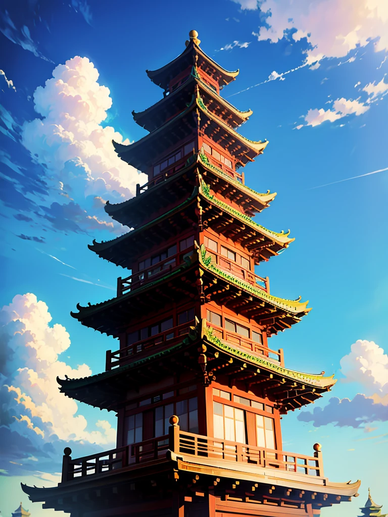 a chinise pagoda, small and low, with green nature backround, no people. clear blue sky with clouds.