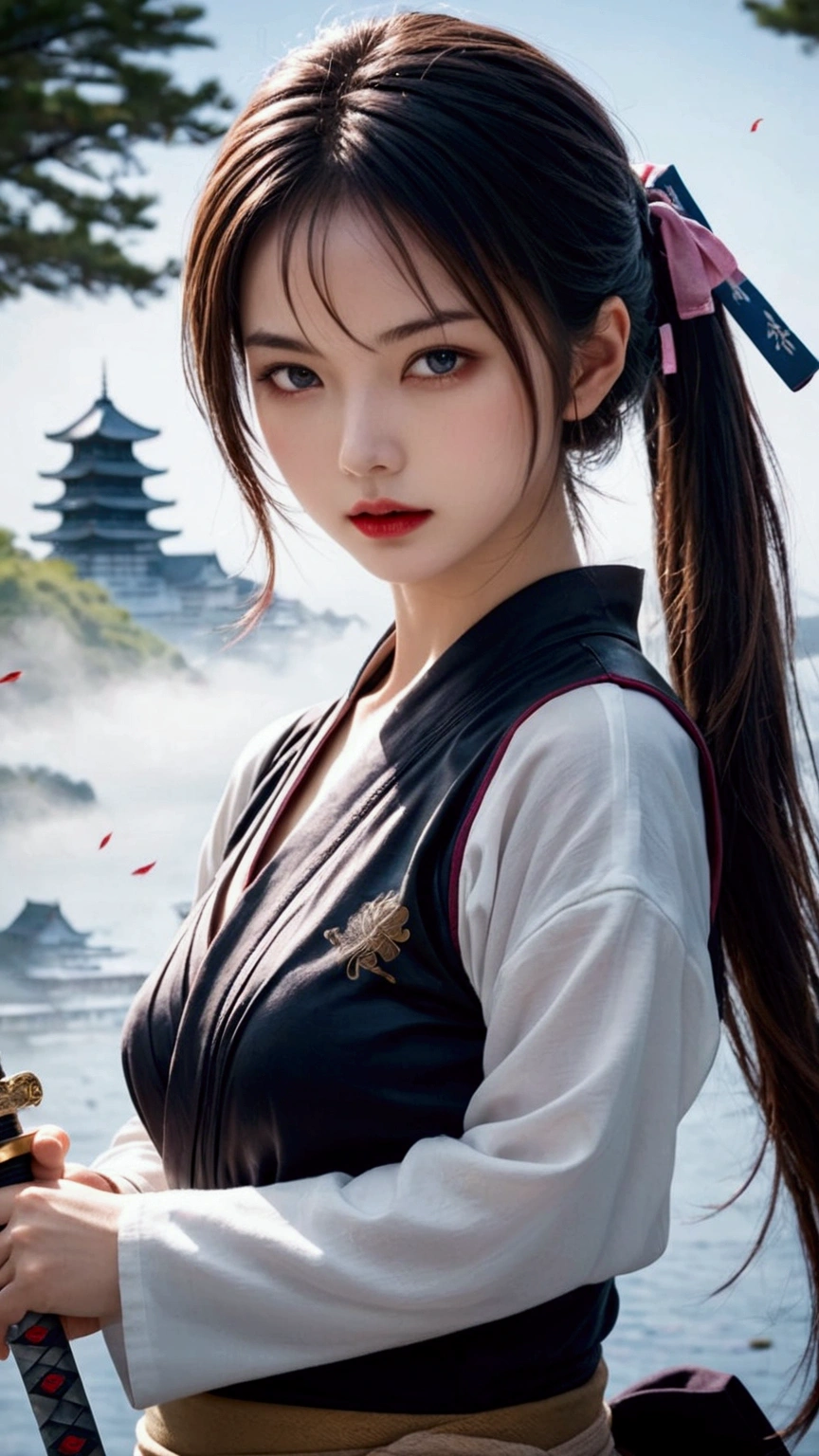 (Japanese sword &reference;Muramasa 2&reference;.2)Beautiful 27 year old woman、Japanese women、Tie your hair back、Hair ornament artist、Shinobi Costume、Warrior、Clear Eyes、{Arm tattoo(SakuraFubuki}'Back Tattoo、Warrior、(Japanese swordを両手で構える、1.3)(Japanese sword1.2)Intermediate position、In front of the body、(Sword held horizontally 1.3)、whole body、Long Blade Sword、Realistic battle scenes、敵Warriorの返りBlood、Blood、High resolution、Highest quality、Very detailed、8k、background、The castle is burning、Sparks fly、