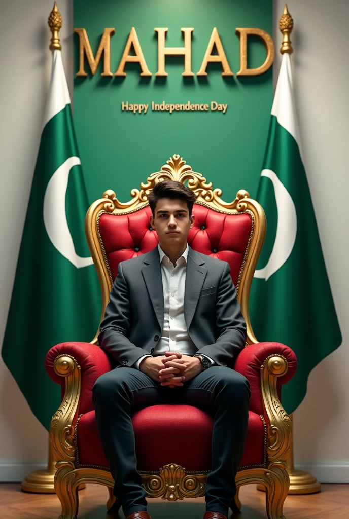Create realistic illusion image A 20 years old boy is sitting on a king chair with attitude with Pakistan flag behind the chair and behind him the color of the wall is white on which “MAHAD” is written in golden. and also written Happy Independence Day” in clear letter written on small size on bottom