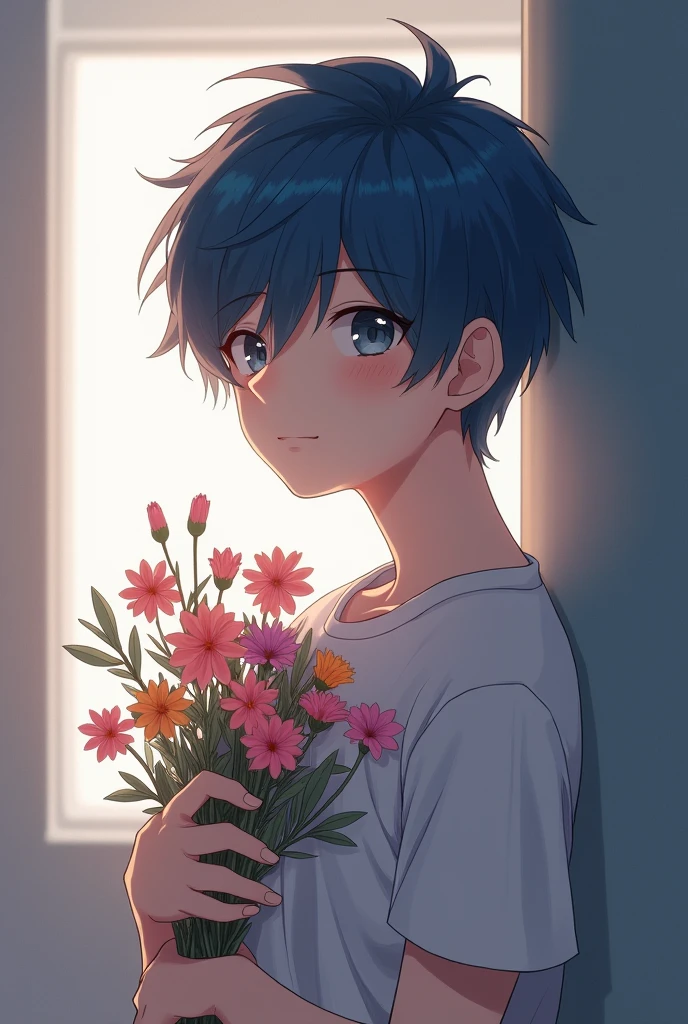 Blue short hair,Boys,Hair covering right eye,Holding flowers,gentle,Selfie,Get the blues,Half Body,High School Students