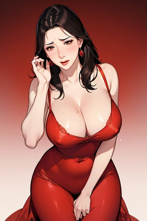 Dione , ,(Thick lips、Sensual lips、Bright red lips that reflect light), , (masterpiece, Highest quality), alone, , fw.lady., Woman, sexy, , Blurred Background, Detailed aspect, Cleavage short hair, Earrings , Mature Woman, Matman face,Trans nipples,Painful expression. ,ul expression with ecstasy,Protruding chin, Open your mush))look up,Full Body Shot、(((Red nightgown))),Photo Art、Wet textured hair、Sweat、White Breath、sex appeal、charm、Disheveled hair、Angle fromhind