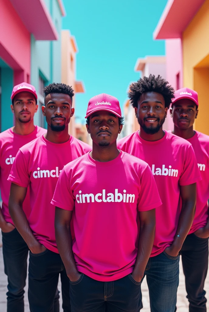 Make an aesthetic picture of 6 male couriers wearing pink shirts with the words cimcalabim written on them.