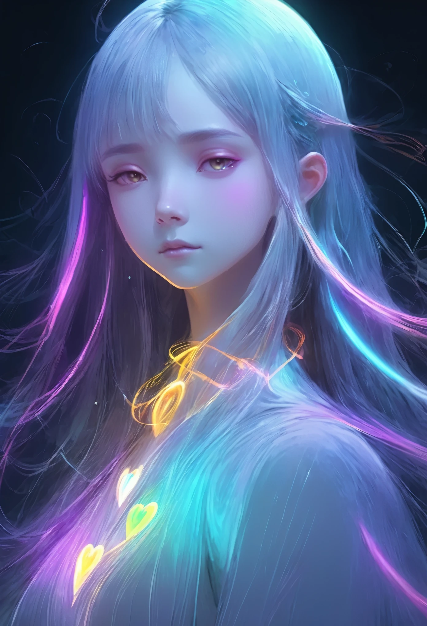 character concept design,1girl,half body,ojou-sama posture,incredibly long hair,light painting,time-lapse photography,Diffuse gradient,vertical random light line,colorful heart，Angel，Beautiful face