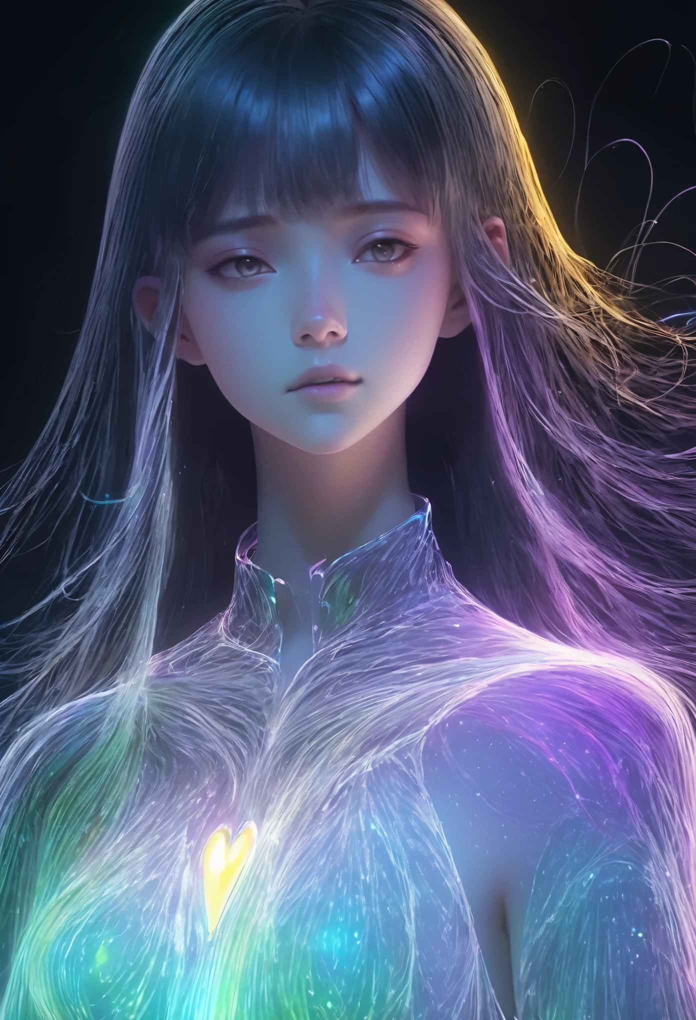 character concept design,1girl,half body,ojou-sama posture,incredibly long hair,light painting,time-lapse photography,Diffuse gradient,vertical random light line,colorful heart，Angel，Beautiful face