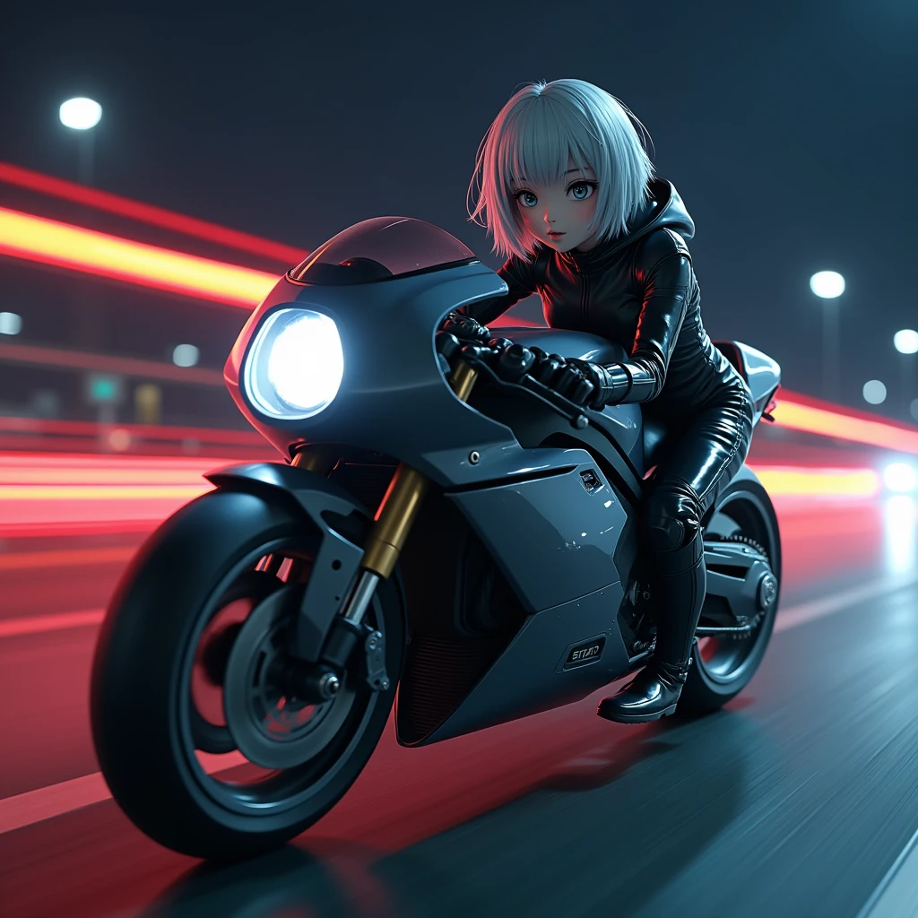 (8k, Photorealistic: 1.1, Raw photo, Highest quality: 1.4),Japanese idol-style beautiful girl,1 person,18-year-old,(Short Bob),(Silver Hair),(Blowing in the wind: 1.1),Clear grey eyes,Long eyelashes,(piercings(small)),Rider Suit(one piece),boots,(The future of large motorcycles(Akira)Riding),(Hang-On((Covering the fuel tank and leaning forward: 1.1),(She is crouching so that her head is hidden by the cowl.),(Left curve),(She dropped her hips to the left side of the seat and her weight was causing the car to lean to the left.))),Driving on the Metropolitan Expressway at night.Flowing red tail lights,View from diagonally behind,She is looking back,(Full body snapshot)