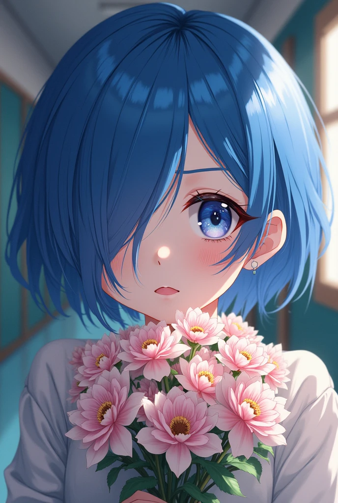 Blue short hair，Boys，Hair covering right eye，Holding flowers，gentle，Selfie，Get the blues，Half Body，High School Students
