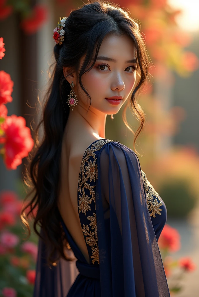 A beautiful and graceful woman with large, round eyes like a full moon, her long black hair flowing gently in the wind. She wears a long, dark blue dress with shimmering gold embroidery, a classic and elegant cut with modern touches like a high slit or transparent sleeves. The dramatic light of the late afternoon sun illuminates her face from the side, creating long shadows and highlighting the beauty of her cheekbones, making her eyes sparkle like gems. The background is a blurred, beautiful flower garden, with colors like red, yellow, and purple blending together to create a stunning harmony. A mysterious, subtle smile plays on her lips. She stands tall and graceful, her gaze fixed on the distance. Add small details like antique jewelry or a unique hair accessory to enhance the classic and elegant impression.