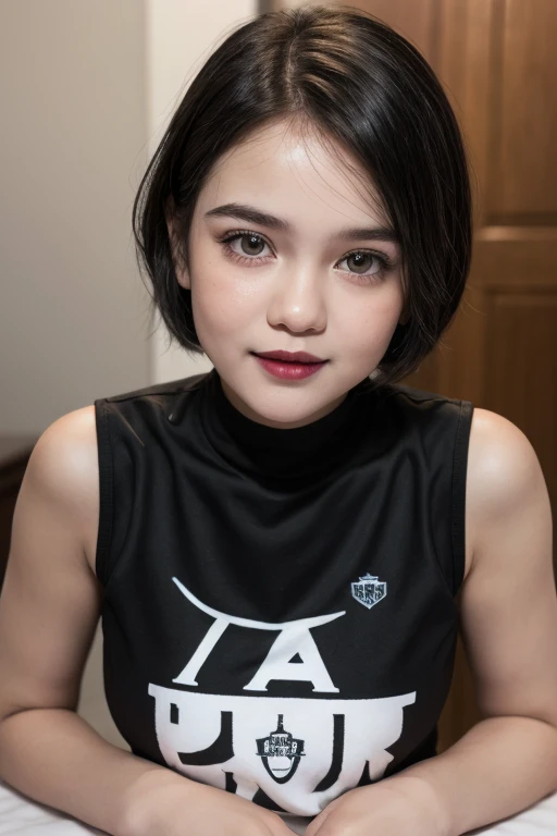((NECK LACE)), ((GOTHIC BLACK EYELASHES & LIPS)), ((BLACK LIPS)), ((very shorthaircut)), adorable, 1 girl, (face to face), 10 years old, baby face, happy, half body portrait, (face details: 1), (eye details: 1), ((big breasts)). ((croptank "SLAYER" logo)), ((net stockings)), lingerie ((pink mini))