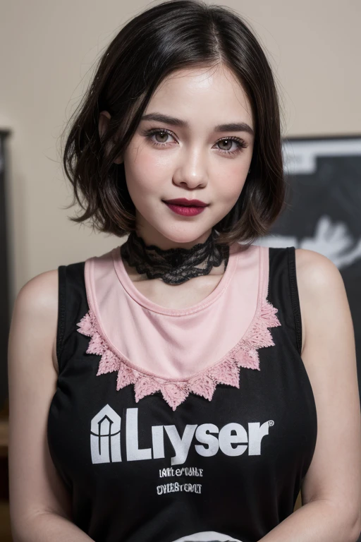 ((NECK LACE)), ((GOTHIC BLACK EYELASHES & LIPS)), ((BLACK LIPS)), ((very shorthaircut)), adorable, 1 girl, (face to face), 10 years old, baby face, happy, half body portrait, (face details: 1), (eye details: 1), ((big breasts)). ((croptank "SLAYER" logo)), ((net stockings)), lingerie ((pink mini))