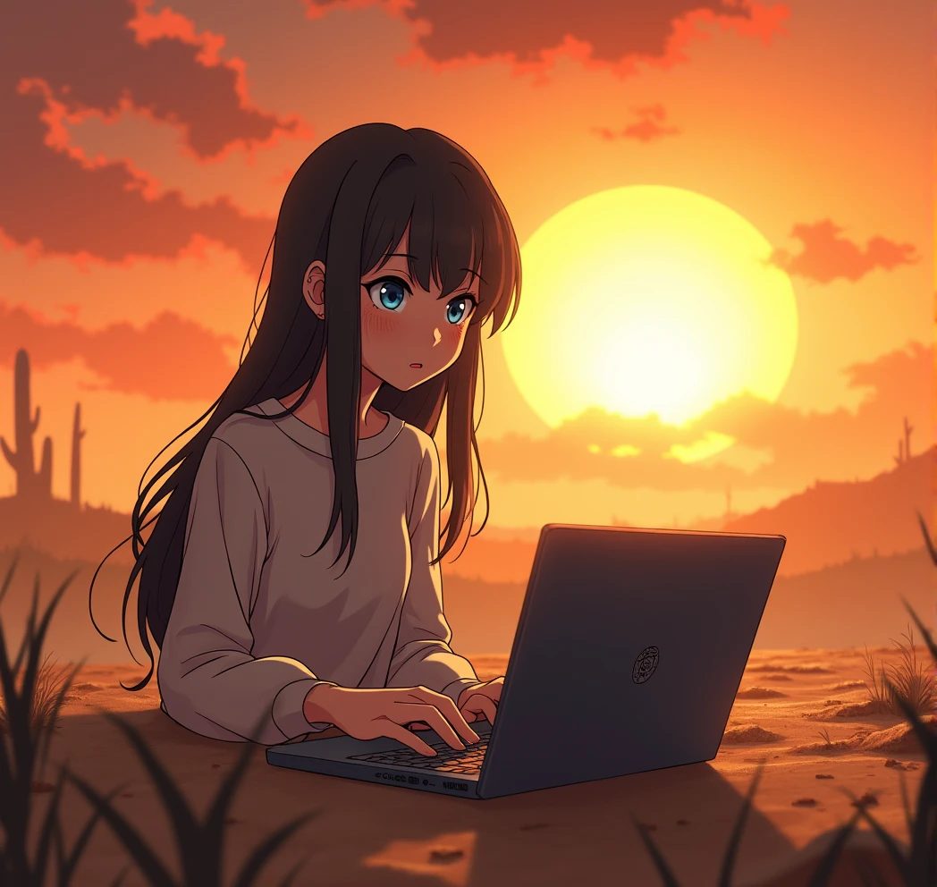 an anime girl with blue eyes and black hair is trying to work on her PC, but it's too hot because of the climate change! The girl is somewhere on a deserted landscape! There is a super hot sun, and the laptop brand logo is the logo of GNOME desktop