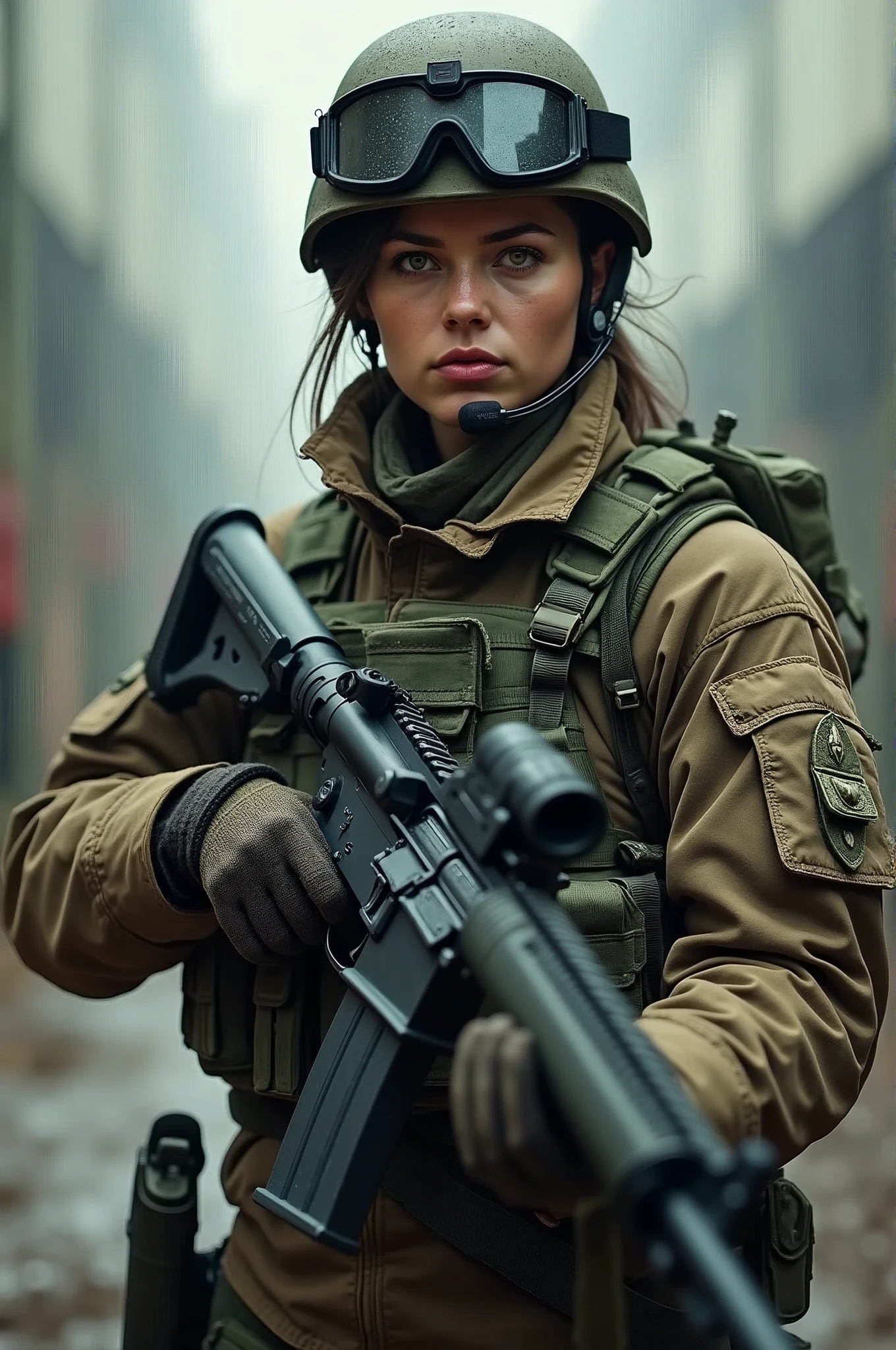 woman,Assault_rifle,Blurry,Blurry_Background,Blurry_foreground,A pit bull,colours_aberration,Depth_af_Field,fingerless_mitts,mitts,goggles,goggles_On_Head,headset on head,heckler_&_koch,helmet,Holding_Gun,Holding_arma,Military,Exercise_bblurry,multiple_girls,multiple_Girls,Photo_(mediating),Realistic,soldier,Solo_Focus,suppress,trigger_Discipline,uniform,arma，A masterpice，tmasterpiece，A high resolution，high qulity，The picture is fine，（（commando，camouflage uniform）），Face the lens，heroic look