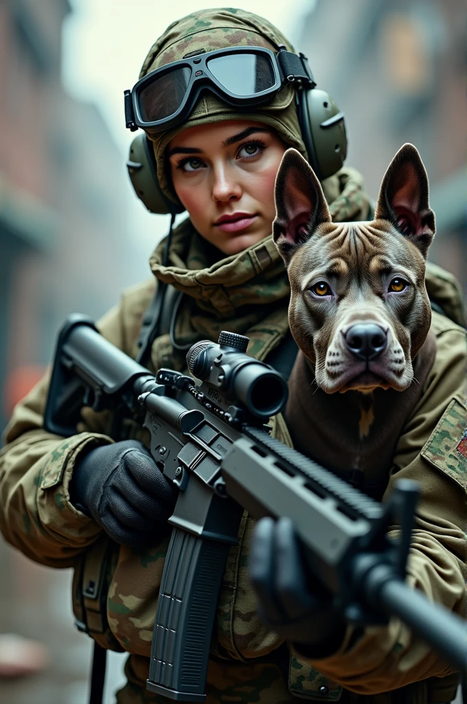 woman,Assault_rifle,Blurry,Blurry_Background,Blurry_foreground,A pit bull,colours_aberration,Depth_af_Field,fingerless_mitts,mitts,goggles,goggles_On_Head,headset on head,heckler_&_koch,helmet,Holding_Gun,Holding_arma,Military,Exercise_bblurry,multiple_girls,multiple_Girls,Photo_(mediating),Realistic,soldier,Solo_Focus,suppress,trigger_Discipline,uniform,arma，A masterpice，tmasterpiece，A high resolution，high qulity，The picture is fine，（（commando，camouflage uniform）），Face the lens，heroic look