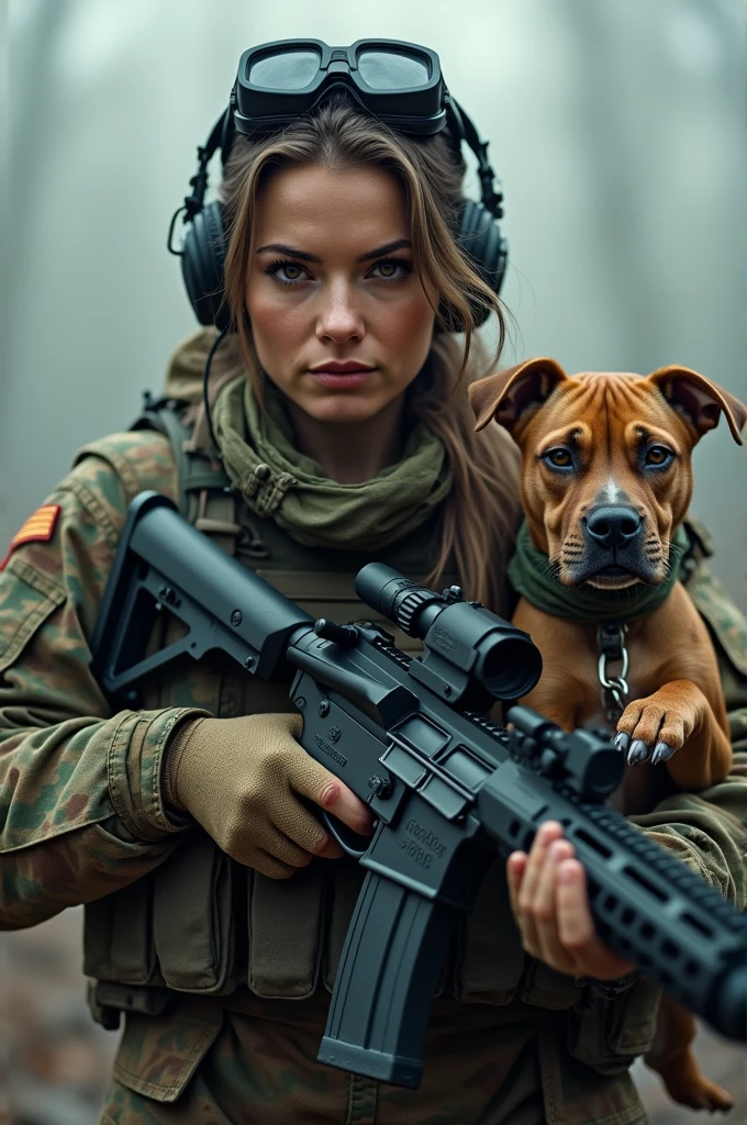 woman,Assault_rifle,Blurry,Blurry_Background,Blurry_foreground,A pit bull,colours_aberration,Depth_af_Field,fingerless_mitts,mitts,goggles,goggles_On_Head,headset on head,heckler_&_koch,helmet,Holding_Gun,Holding_arma,Military,Exercise_bblurry,multiple_girls,multiple_Girls,Photo_(mediating),Realistic,soldier,Solo_Focus,suppress,trigger_Discipline,uniform,arma，A masterpice，tmasterpiece，A high resolution，high qulity，The picture is fine，（（commando，camouflage uniform）），Face the lens，heroic look