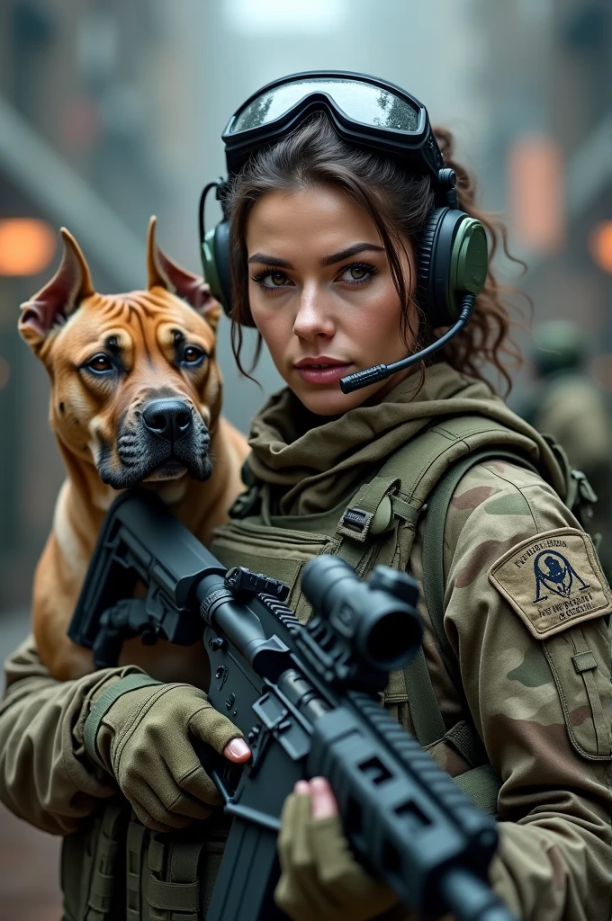 woman,Assault_rifle,Blurry,Blurry_Background,Blurry_foreground,A pit bull,colours_aberration,Depth_af_Field,fingerless_mitts,mitts,goggles,goggles_On_Head,headset on head,heckler_&_koch,helmet,Holding_Gun,Holding_arma,Military,Exercise_bblurry,multiple_girls,multiple_Girls,Photo_(mediating),Realistic,soldier,Solo_Focus,suppress,trigger_Discipline,uniform,arma,A masterpice,tmasterpiece,A high resolution,high qulity,The picture is fine,((commando,camouflage uniform)),Face the lens,heroic look