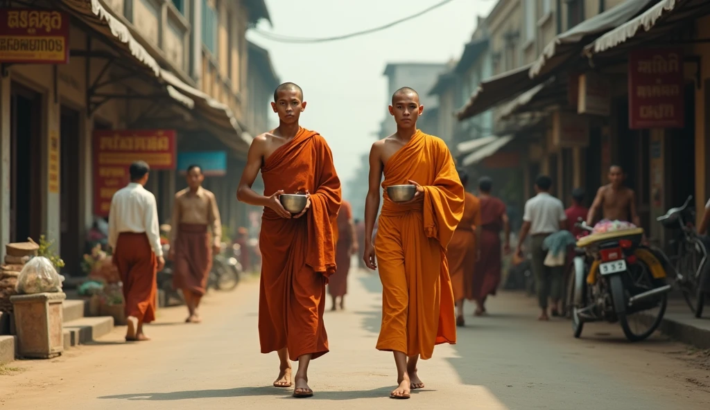 2 tall and handsome young Khmer monk walk on street in 1900s