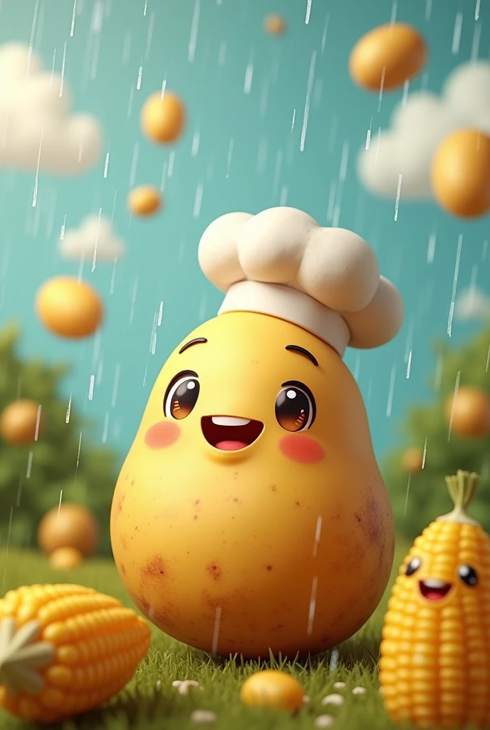 Create a potato rain background with eyes and a cute face with a chef&#39;s hat and equally cute and smiling corn on the cob