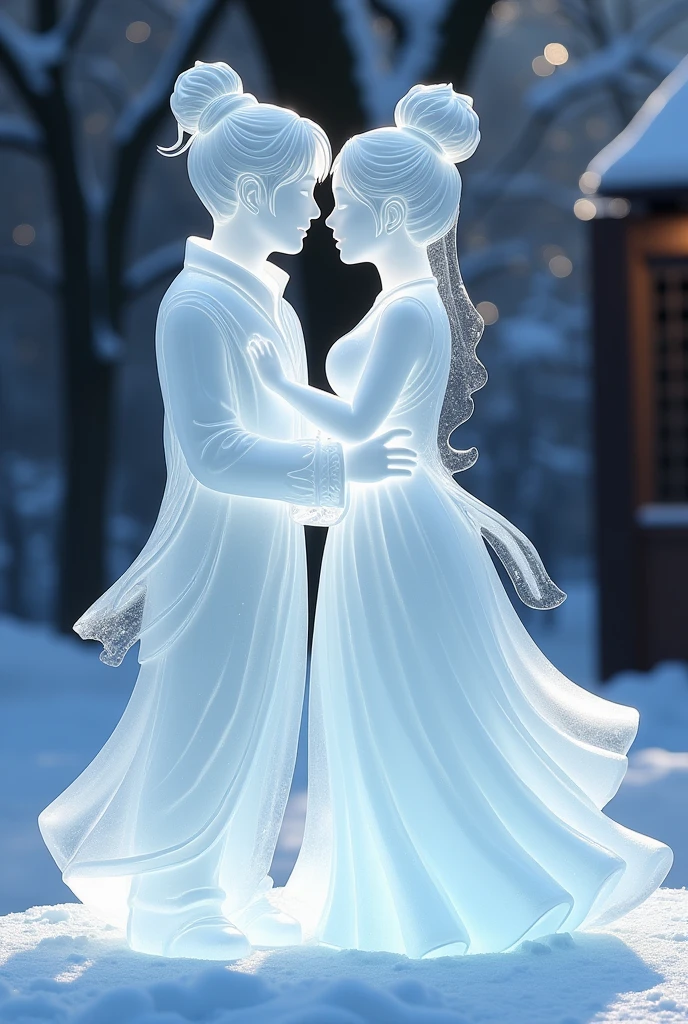 (ice - carving:1.4),Movie Angle,(Fan Bingbing,  ice sculpture girl and boy couple,romantic couple,Asian cute couple, Anatomically correct,full bodyesbian,Masterpiece ice sculpture camellia,Representative work Hanfu,Smile,sexy,full body arts,traditional arts,beautiful arts,cute,Sweet couple) 