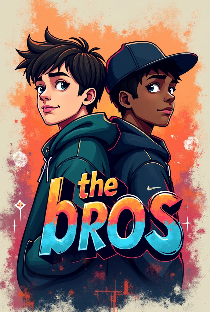 Make a logo for a profile picture that has two boys, One white and one black, rough graffiti type, and in the middle it says “thebros”_storee” with futuristic letters