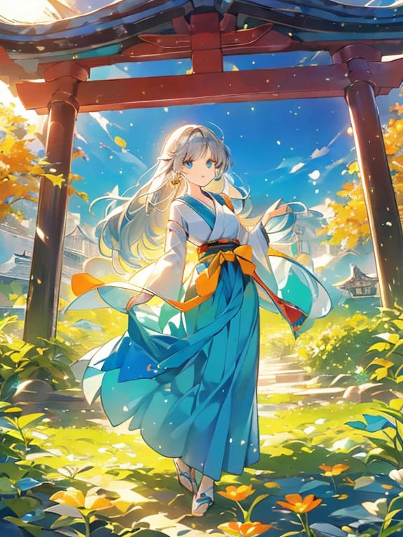 ((Highest quality)), ((masterpiece))、Small breasts are justice、background(Magnificent View)、View from afar、Multiple people、Two women、Two shrine maidens、Dance、prayer、Uplifting、Guidance、(Blue and silver long hair、Blue-green eyes)、(Scarlet long hair、Orange eyes)、Miko costume、Hakama、morning haze、shrine、anime