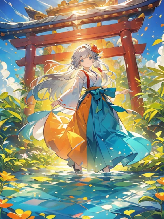 ((Highest quality)), ((masterpiece))、Small breasts are justice、background（Magnificent View）、View from afar、Multiple people、Two women、Two shrine maidens、Dance、prayer、Uplifting、Guidance、(Blue and silver long hair、Blue-green eyes)、(Scarlet long hair、Orange eyes)、Miko costume、Hakama、morning haze、shrine、anime