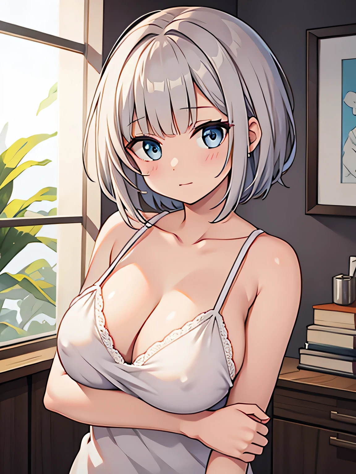 Women、Silver Hair、White camisole、G Cup、Brown Hair、Bobcut、Holding your chest close with your arms、Sexy