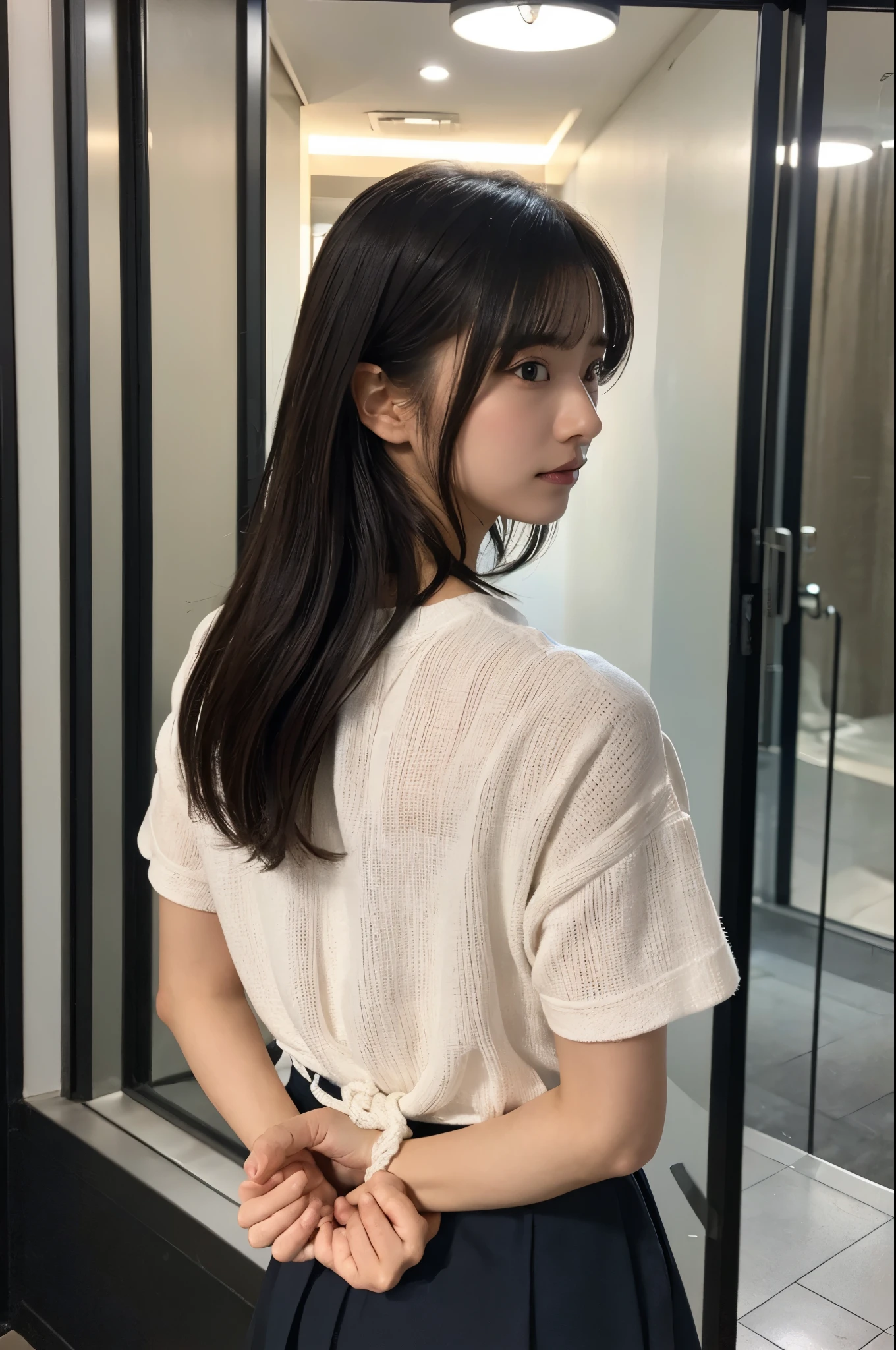 Kidnapped Woman、His hands are tied、((Place your hands behind your back))、((Place your hands together and cross them behind your back))、(((Her wrists are tied with rope、shibari)))、Beauty、２０age、university student、(anatomicaly, Has two arms and two hands)、In a hotel room with the lights on、Stand by the window、Outside the window is the night sky、There are many stars、Wearing a short-sleeved blouse、Wear a skirt、Uniform eyes、Proportioned proportions、Model body type、Small breasts、Small face、(I can see from head to heel), Black Hair, bangs, swept bangs, Straight hair, Nervous, Messy Hair, Floating hair, Cinema Lighting, tachi-e, First-person view, throw, From behind, F/1.2, Nikon, Surrealism, 超High resolution, Highest quality, High resolution, 8k, Textured skin, anatomicaly正しい体,