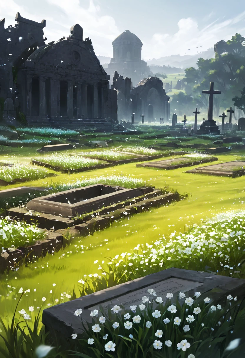 field of white flowers, flower cemetery, hinterland, hinterland do jardim do templo sagrado, paisagem sombria, (dreamy landscape), , ruins, tombs, fallen bodies, destroyed armor, karo, ruins, tombs, brutal violence, tenebrosa
