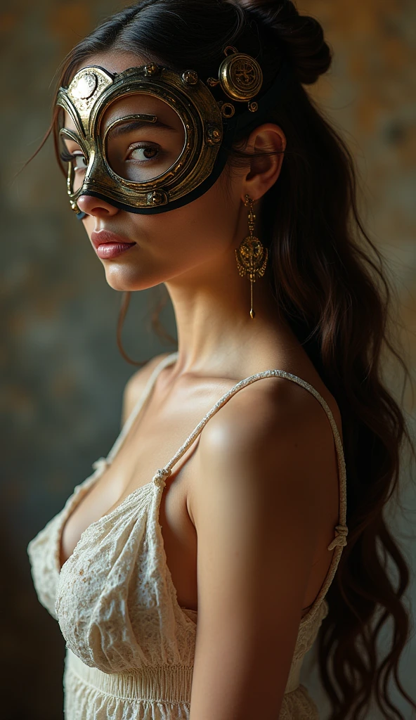 DC's female heroine wearing a steampunk-style mask, Lightly dressed, tight, whole body, (When to Use Flash-Based Masking), Steampunk Style, Ancient background, elegant, nice, (wallpaper), Conceptual Art, Intricate details, Very detailed, ((Kinesiology)), dramatic, (Very high quality, Granted, construction:1.5), (Realistic:1.5), Realistic写真, Nikon, Natural light, 4K, High resolution, xf iq4, 150MP, 50mm, ISO1000 Certification, 1/250 generation, Natural light, Adobe Lightroom, Photo Lab, Photographic Affinity, Photo Director 365,