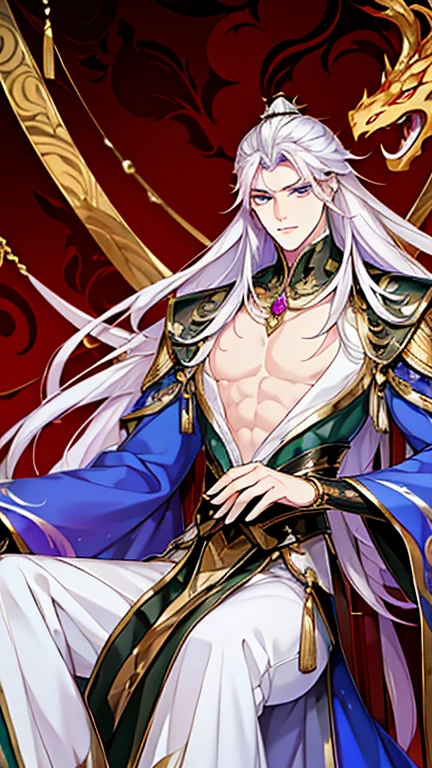 (art: 1.2), (best quality: 1.2) 1 man, mature, tall (2.00 cm), appears to be around 25 years old, has long silver-white hair, straight and shiny, with eyes of two different colors: the right eye is blue like ice, the left eye is pink, extremely detailed eyes, perfect eyes, extremely realistic eyes, well-aligned eyes, long eyelashes, anime style, perfect face, serious and majestic face, mature, fair skin, natural and balanced body, perfect hands, detailed hands, hands well-proportioned to the body, realistic hands, arms with good anatomy, wearing an emperor’s Chinese attire decorated with gold and silver, featuring dragon patterns that look very beautiful and luxurious, sitting on a golden chair with dragon carvings symbolizing leadership, detailed drawing of the chair, with a spectral image of a long Eastern dragon with intertwined purple and gold scales behind him, looking at the viewer, background scene is a Chinese-style pavilion hall, posing alone, looking at the viewer.