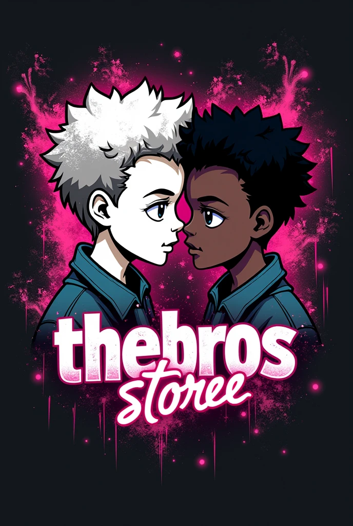 Make a logo for a profile picture that has two boys, One white and one black, rough graffiti type, and in the middle it says “thebros”_storee” with futuristic letters 
