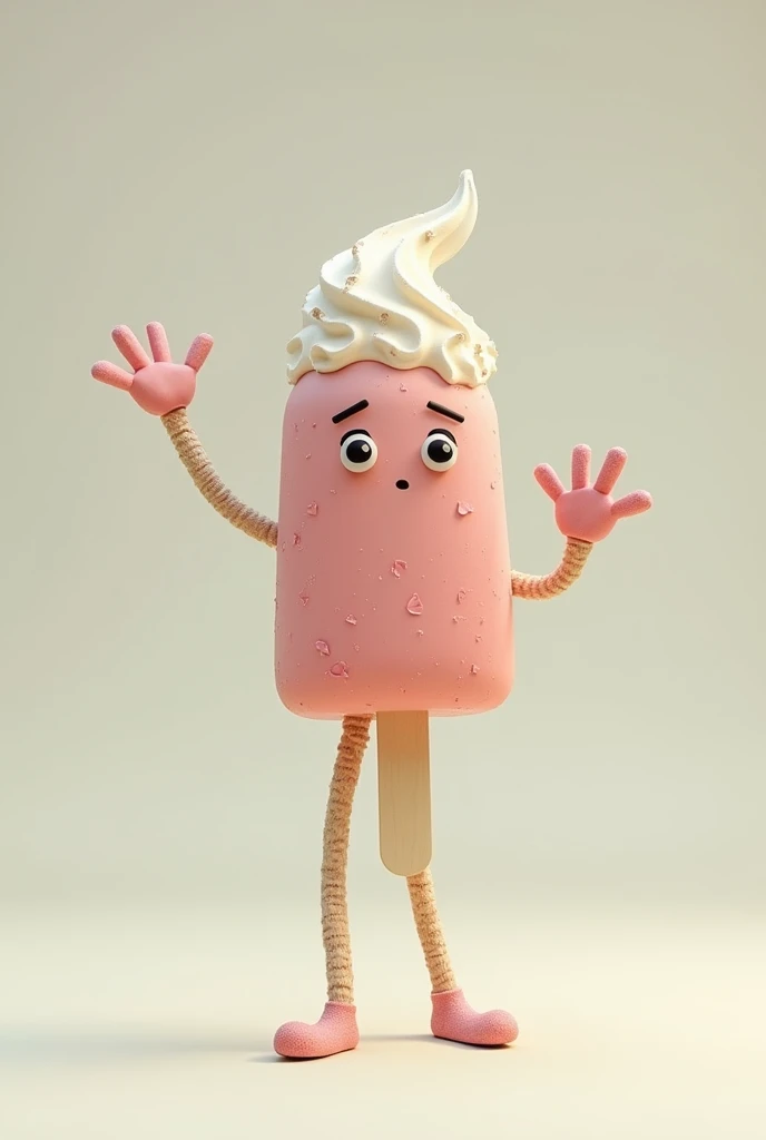 Generate a image of icecream popsicle walking  with hand and legs of stick figure  front view   more realistic 