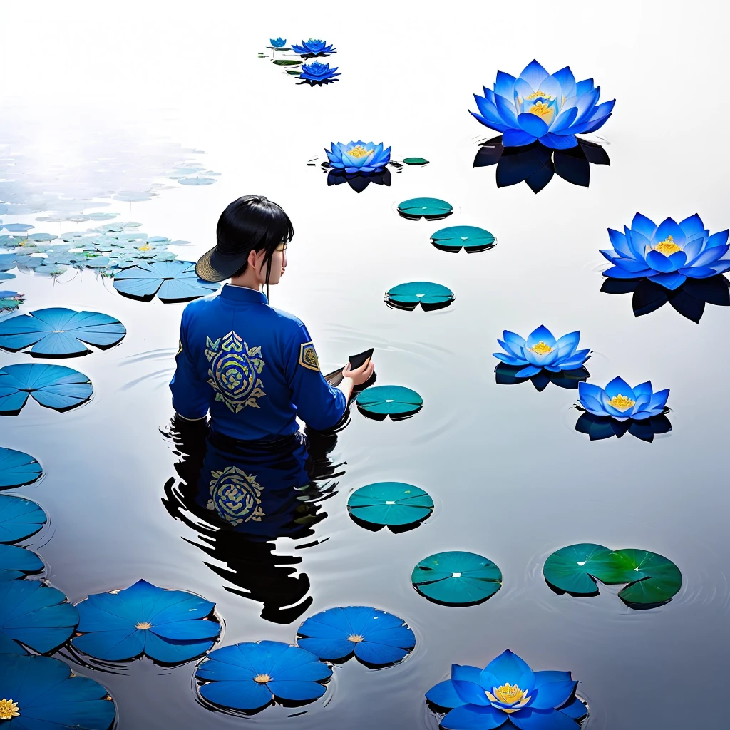 there are many blue lotuses in the water with a butterfly flying above them, lotus, with lotus flowers, by Li Di, lotuses, blue color, lotus flowers, blue, author:Sim Che Tsai, author:Ju Lian, by Zhu Da, author:Jin Touliang, author:Li Kan, lots blue colours, lotus pond