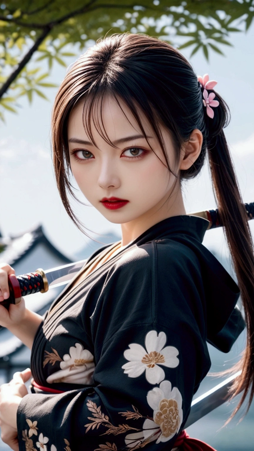 (Japanese sword &reference;Muramasa 2&reference;.2)Beautiful 27 year old woman、Japanese women、Tie your hair back、Hair ornament artist、Shinobi Costume、Warrior、Clear Eyes、{Arm tattoo(SakuraFubuki}&#39;Back Tattoo、Warrior、(Japanese swordを両手で構える、1.3)(Japanese sword1.2)Intermediate position、In front of the body、(Sword held horizontally 1.3)、whole body、Long Blade Sword、Realistic battle scenes、敵Warriorの返りBlood、Blood、High resolution、Highest quality、Very detailed、8k、background、The castle is burning、Sparks fly、