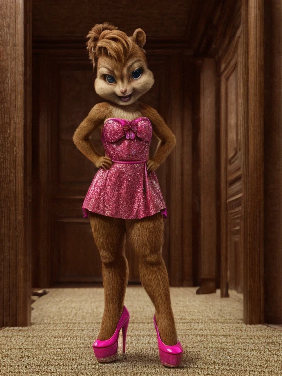 score_9, score_8_up, score_7, score_6, red carpet, brittany miller, chipmunk, furry, short ears, pink dress, high heels, looking at viewer, 6 inches tall,