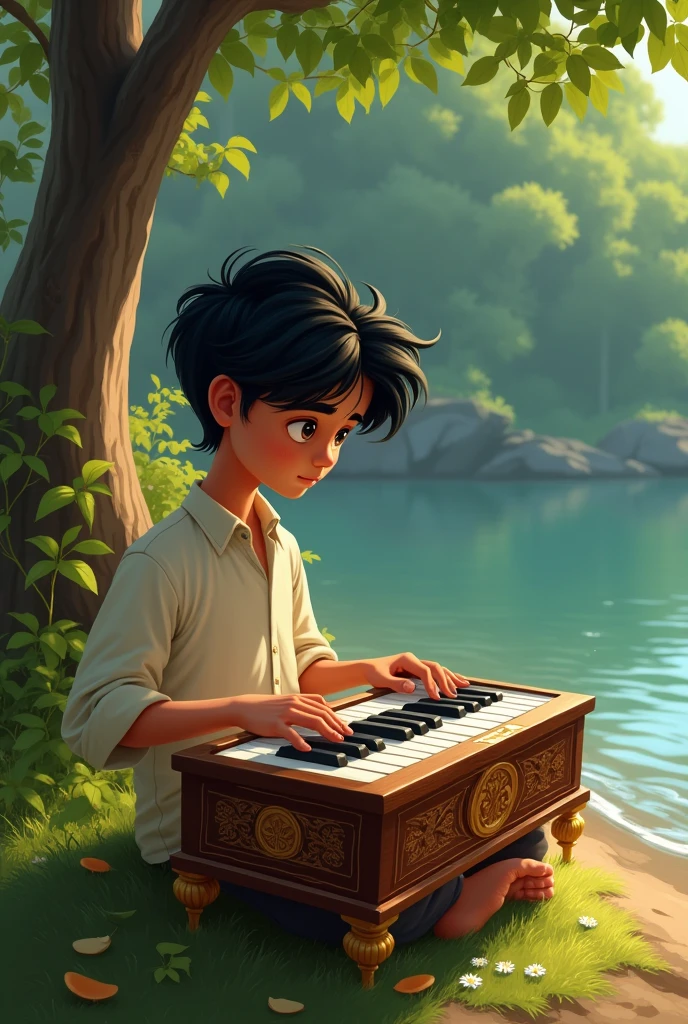 Raju is a 's old black hair, he playing a harmonium in the river side