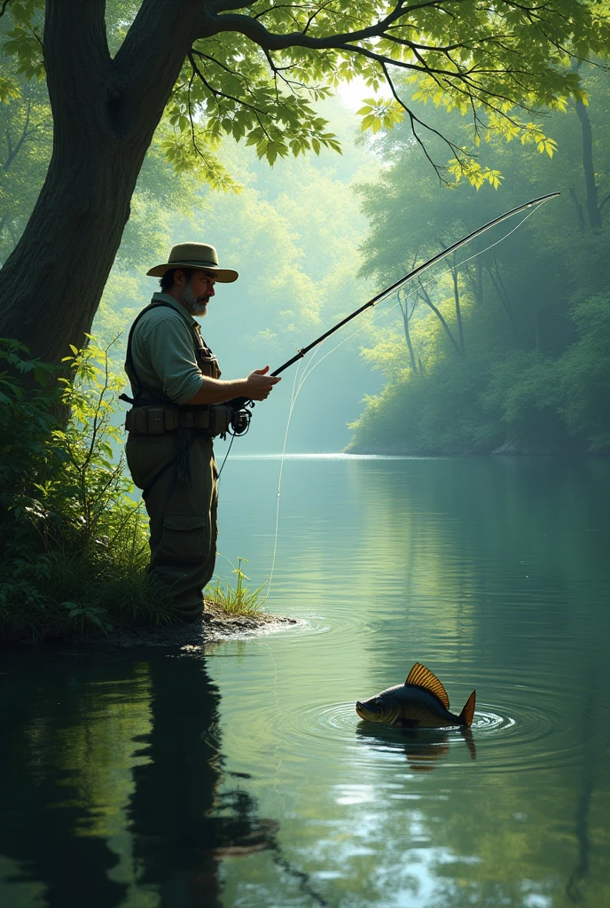 Male character fishing for black bass